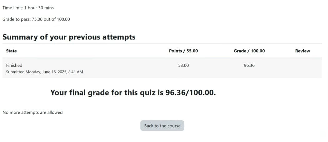 Redacted pre-req Math Exam result (96%)